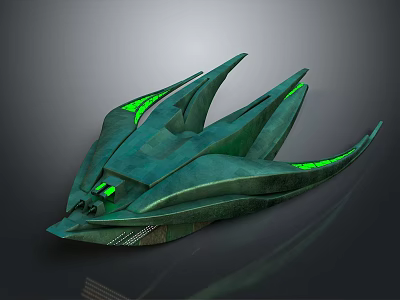 Futuristic Vehicle Design with Teal Exterior Glowing Green Accents and Multiple Sharp Protrusions 3d model