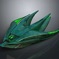 Futuristic Vehicle Design with Teal Exterior Glowing Green Accents and Multiple Sharp Protrusions