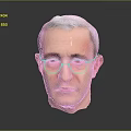 Man with gray white hair wearing glasses 3D model head on dark background with reflection