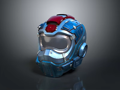 Futuristic Blue And Red Helmet With Transparent Visor And Mechanical Design 3d model