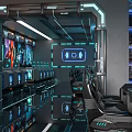 Futuristic Cyber Cafe Interior With Blue Lighting Computer Setups And Bar Counter 3d model