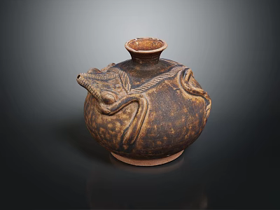 Ancient Handcrafted Clay Pot With Serpentine Carvings And Textured Brown Surface 3d model