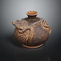 Ancient Handcrafted Clay Pot With Serpentine Carvings And Textured Brown Surface