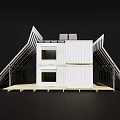 Two Story Container Building With Sloped White Roof Yellow Panels And Solar Panels