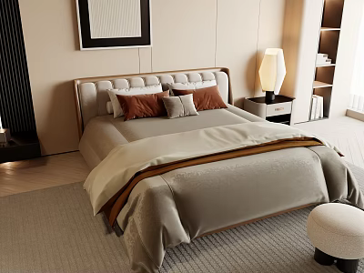 Modern Minimalist Background Double Bed With Upholstered Headboard Plush Pillows Nightstand Table Lamp Wall Art Bookshelf 3d model