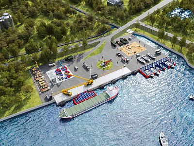 Aerial Planning of Waterfront Dock Area With Ships Vehicles Parking and Greenery Elements 3d model