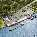 Aerial Planning of Waterfront Dock Area With Ships Vehicles Parking and Greenery Elements