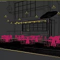 Modern Café Outdoor Seating With White Metal Tables Chairs Open Counter And Concrete Wall