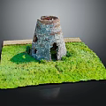 Stone Ancient Tower Model with Green Grass Square Base on Black Background 3d model