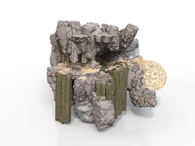 Modern Rock Landscape Sculpture With Green Mossy Structures And Textured Surfaces 3d model