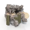 Modern Rock Landscape Sculpture With Green Mossy Structures And Textured Surfaces