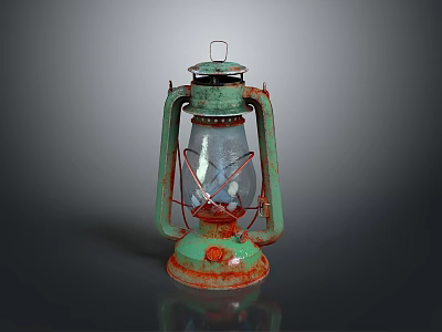 Vintage Green Antique Oil Lamp With Glass Shade Metal Frame And Rustic Rusted Red Base 3d model