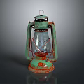 Vintage Green Antique Oil Lamp With Glass Shade Metal Frame And Rustic Rusted Red Base