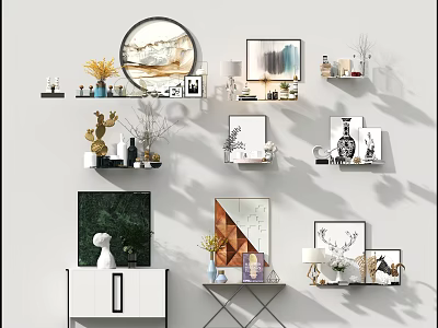 Modern Decorative Ornament Set with Circular Mirror Paintings Plants Vases Shelves and Table Lamp 3d model
