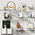 Modern Decorative Ornament Set with Circular Mirror Paintings Plants Vases Shelves and Table Lamp