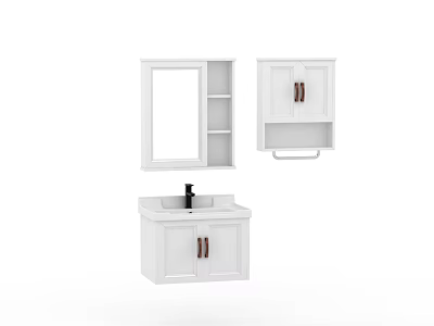 White Bathroom Cabinet Set With Mirror Wall Mounted Storage And Faucet 3d model