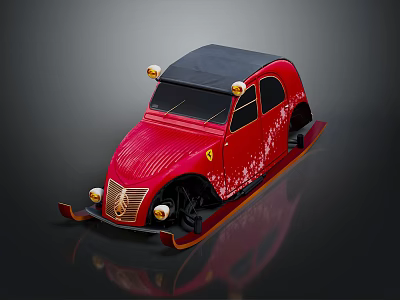Red Car Shaped Sled with Black Roof Yellow Lights and Ferrari Logo in Vintage Design 3d model