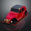 Red Car Shaped Sled with Black Roof Yellow Lights and Ferrari Logo in Vintage Design