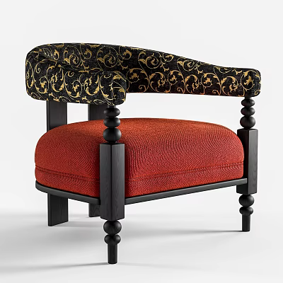 Luxury Ornate Armchair With Black Gold Pattern Backrest Red Textured Seat And Decorative Legs 3d model