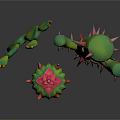 Cartoon Cactus Scene With Multiple Green Cacti Red Spines Yellow Dots and Pink Flower