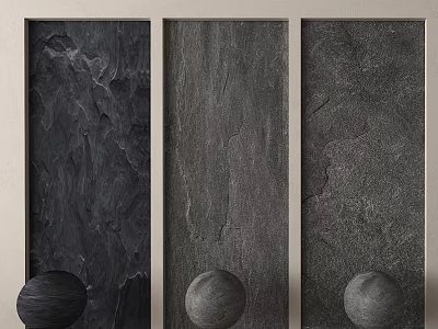 Dark Textured Stone Background Wall Design With Three Vertical Panels And Decorative Spheres 3d model