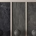 Dark Textured Stone Background Wall Design With Three Vertical Panels And Decorative Spheres