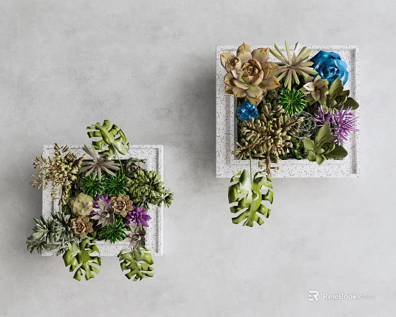Natural Botanical Wall Decor With Succulents Green Leaves And Colorful Flowers 3d model 