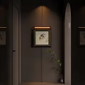 Modern Elevator Hallway Interior With Dark Walls Art Lights And Plant 3d model