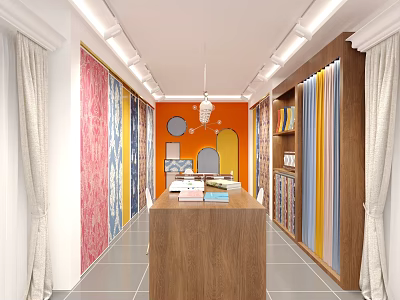 Curtain Fabric Store Interior With Colorful Displays Wooden Counter Shelves And Lighting 3d model