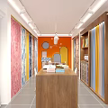 Curtain Fabric Store Interior With Colorful Displays Wooden Counter Shelves And Lighting