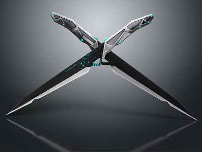Futuristic Crossed Knives Weapon Design With Green Accents And Sharp Blades 3d model