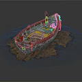 Old Red White Hull Water Transport Boat With Wooden Crate Orange Life Jacket On Mud