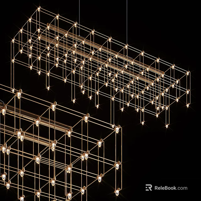 Modern Geometric Gold Metal Chandelier With Hanging Cube Grid And Illuminated Lights 3d model 