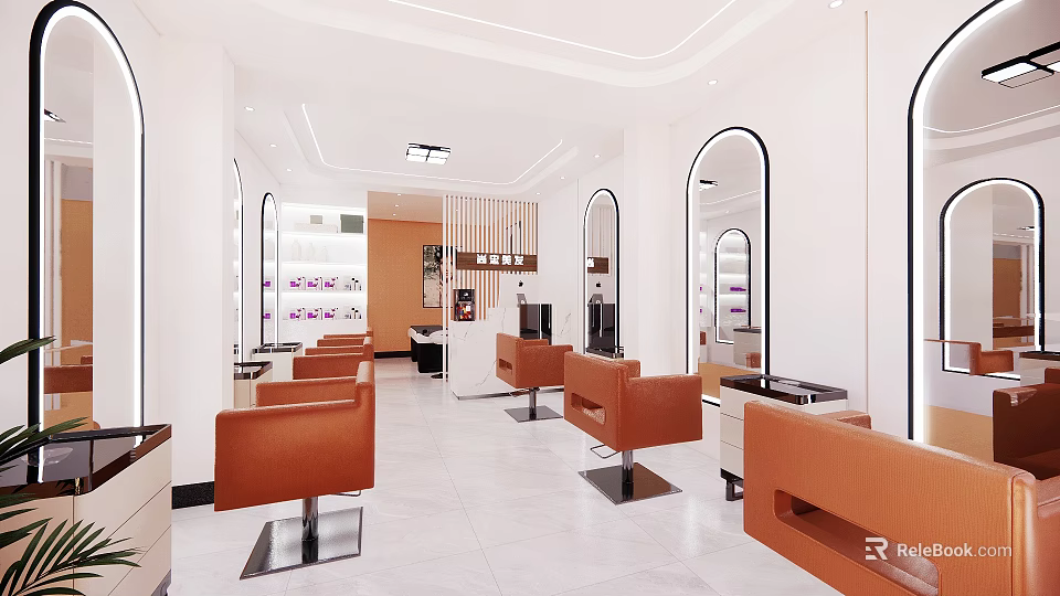 Modern Hair Beauty Salon Interior with Orange Chairs Mirrors and Styling Stations 3d model 