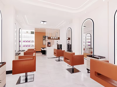 Modern Hair Beauty Salon Interior with Orange Chairs Mirrors and Styling Stations 3d model