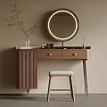 Modern Dressing Table Interior Design With Round Lighted Mirror Wooden Stool And Greenery Decor 3d model