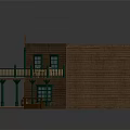 Cartoon Western Wooden House with Balcony Green Railings White Roof Porch Bench and Barrel