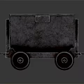 Rustic Metal Cart With Square Bucket And Wheels On Dark Reflective Surface