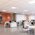 Modern Public Office Space With Glass Partitions Orange Interior Sofa And Desks