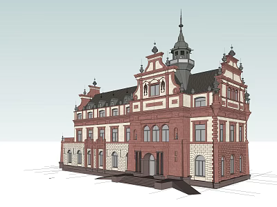 European style Architecture With Red Brown Brick Walls White Decorative Lines Arched Windows And Spire Tower 3d model
