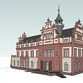 European style Architecture With Red Brown Brick Walls White Decorative Lines Arched Windows And Spire Tower
