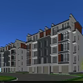 Modern Multi Story Residential Building With Glass Windows Balconies Curved Driveway And Green Lawns