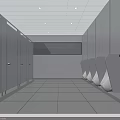 Public Restroom Interior With Stalls Urinals Tiled Floor Ceiling Lights And Window