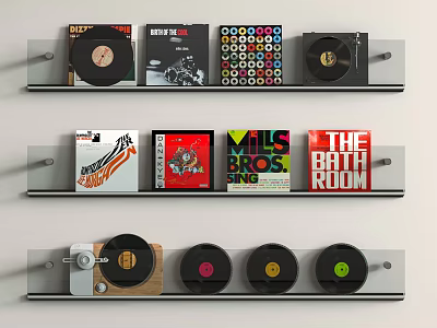Decorative Ornament Set With Wall Shelves Vinyl Records Books And Camera 3d model