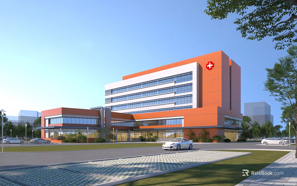 Modern Hospital Building With Orange And White Exterior Red Cross Sign Windows And Greenery 3d model 