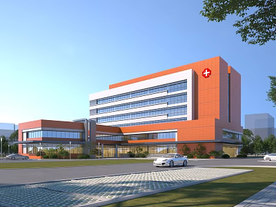 Modern Hospital Building With Orange And White Exterior Red Cross Sign Windows And Greenery 3d model