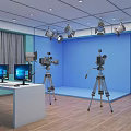 Professional Studio Setup With Multiple Cameras Computers On Desk Blue Background And Lighting Equipment 3d model