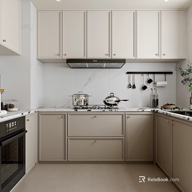 Modern Kitchen Interior With Light Cabinets Marble Counter And Hanging Utensils 3d model