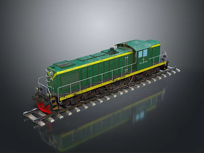 Green Locomotive With Yellow Stripes And Red Bottom On Railway Tracks Gray Background Reflection 3d model