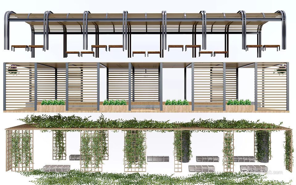 Modern Pergola Design with Wooden Structure Climbing Plants and Seating Areas 3d model 
